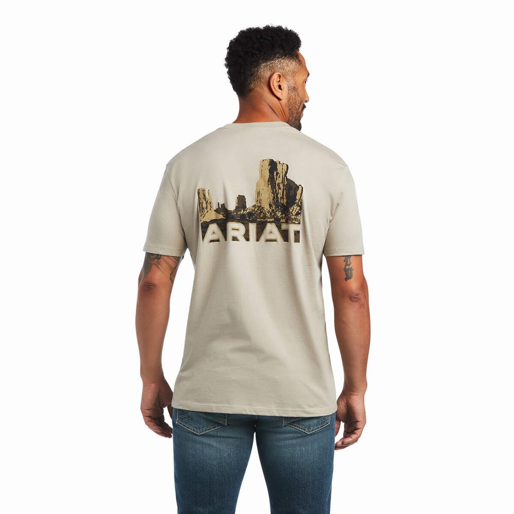 Khaki Men's Ariat Monument Sunset Polo Shirts | 2103-ESUWB