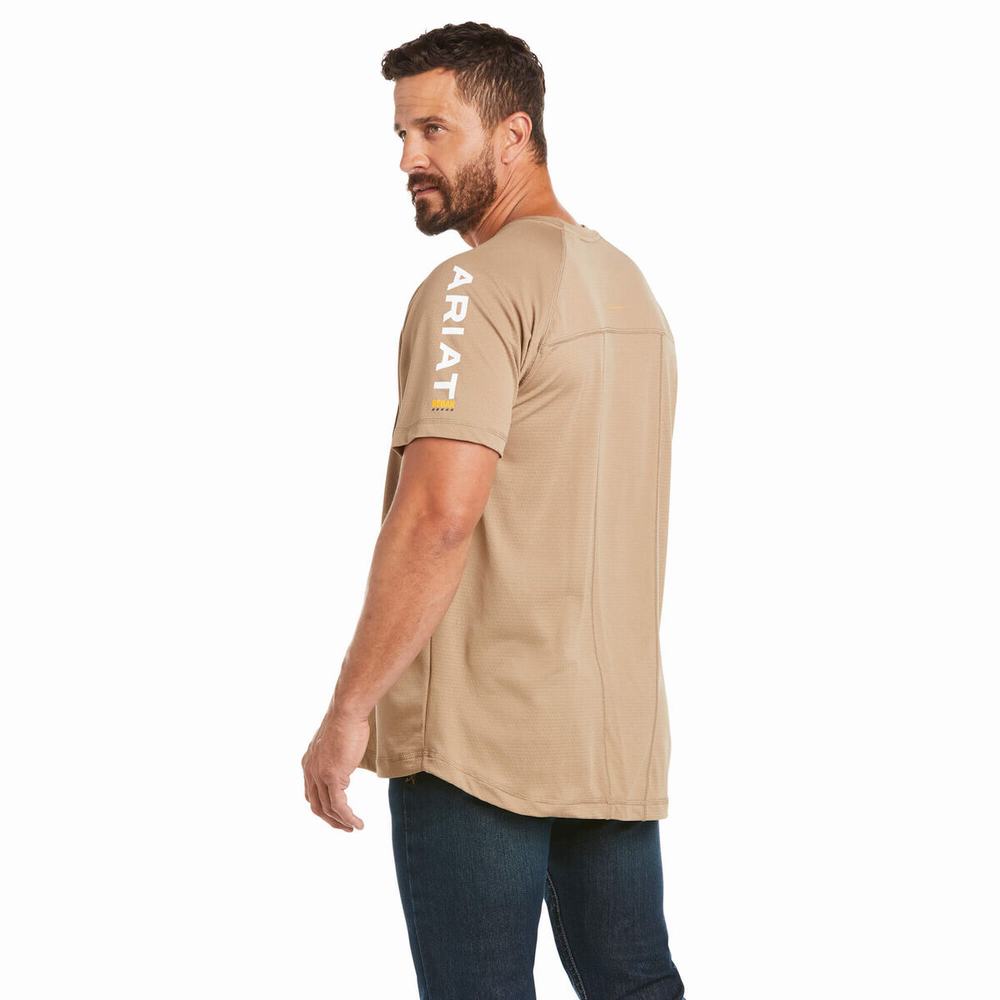 Khaki Men's Ariat Rebar Heat Fighter Short Sleeve | 3184-FWLYP