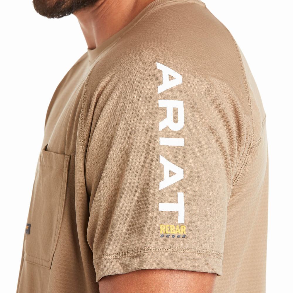 Khaki Men's Ariat Rebar Heat Fighter Short Sleeve | 3184-FWLYP