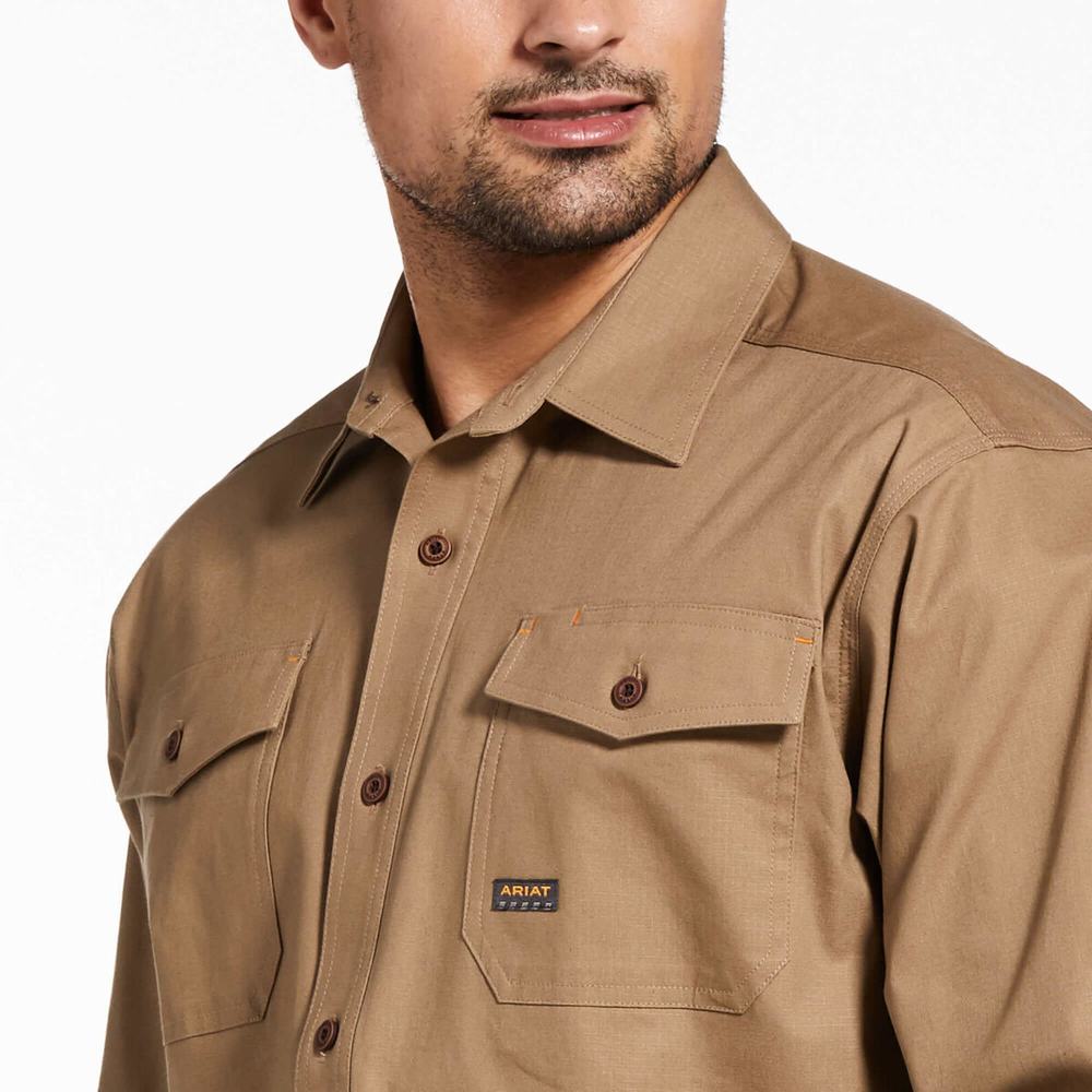 Khaki Men's Ariat Rebar Made Tough DuraStretch Shirts | 6310-UZYKM