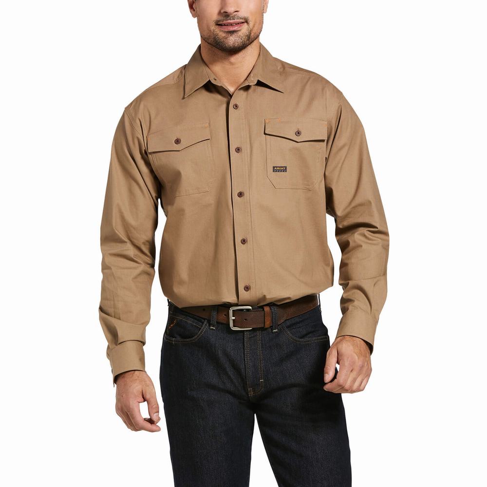 Khaki Men\'s Ariat Rebar Made Tough DuraStretch Shirts | 6310-UZYKM