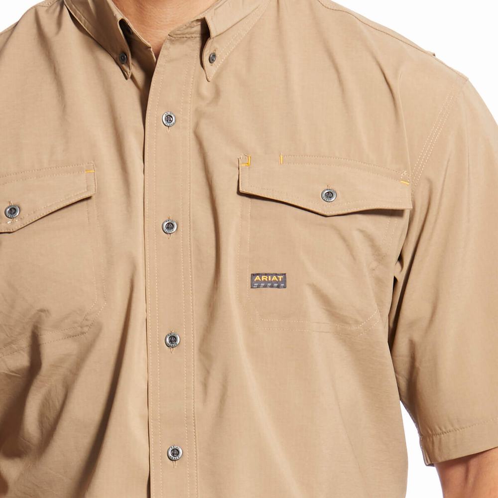 Khaki Men's Ariat Rebar Made Tough VentTEK DuraStretch Shirts | 8921-MPCFG