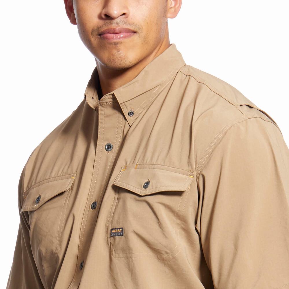 Khaki Men's Ariat Rebar Made Tough VentTEK DuraStretch Shirts | 8921-MPCFG