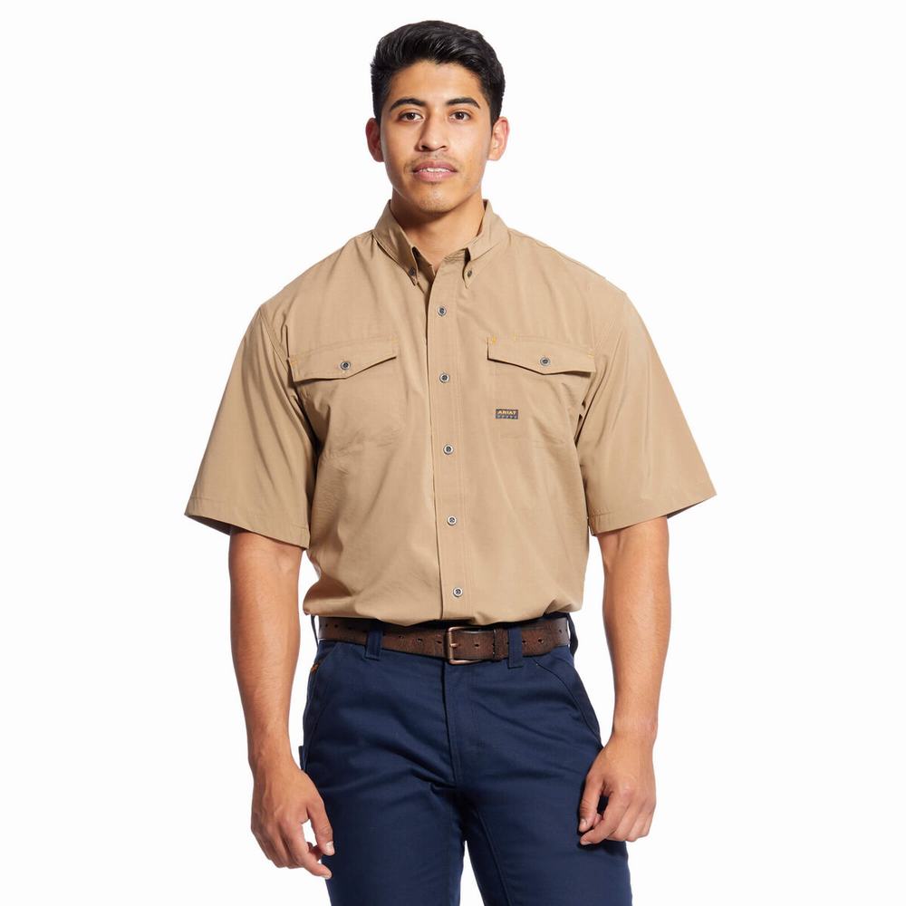 Khaki Men\'s Ariat Rebar Made Tough VentTEK DuraStretch Shirts | 8921-MPCFG