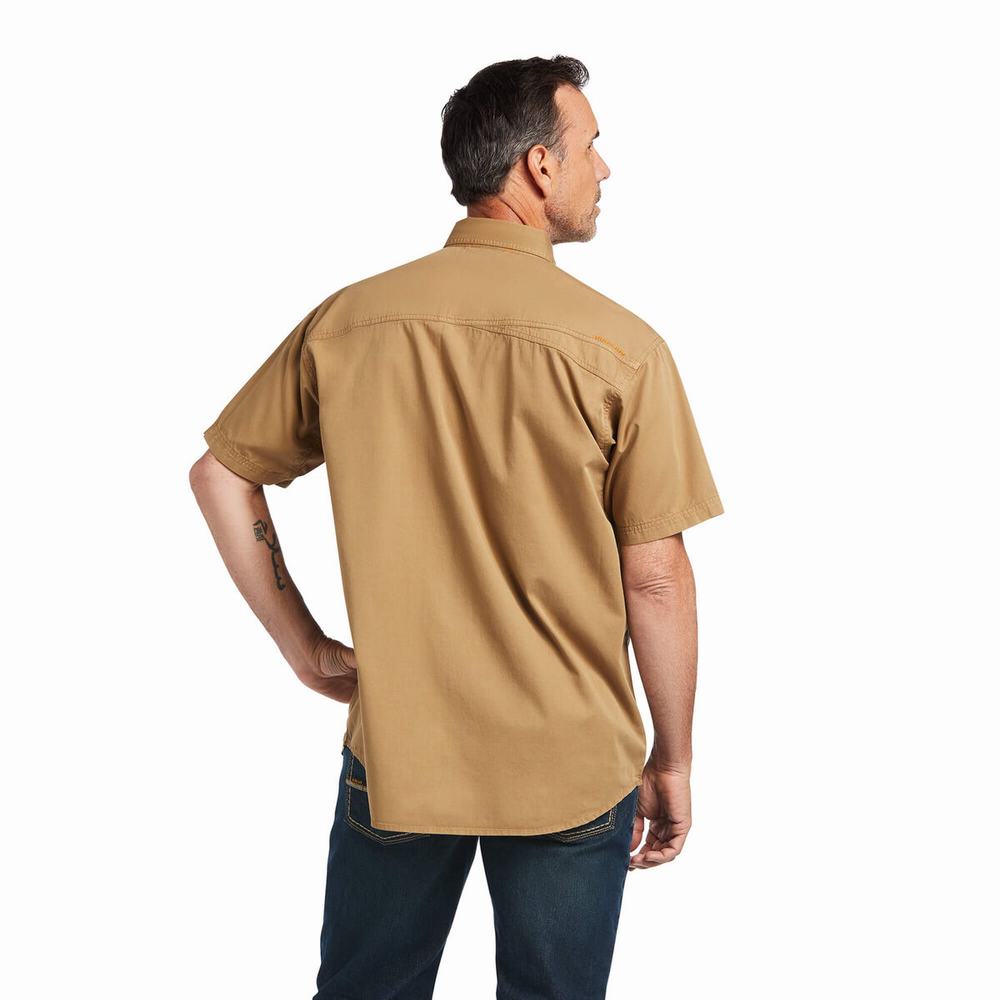 Khaki Men's Ariat Rebar Washed Twill Short Sleeve | 8167-MDSEN