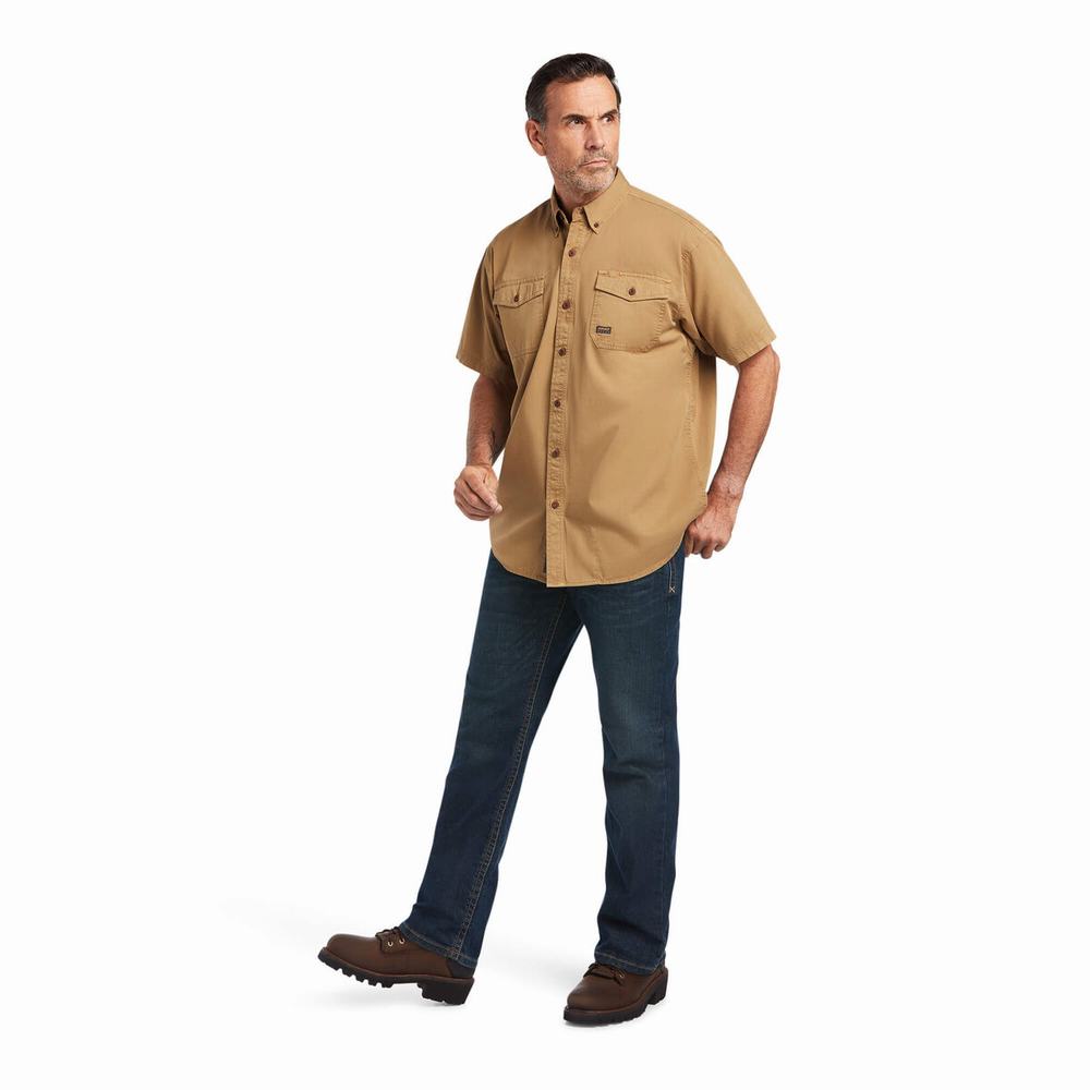 Khaki Men's Ariat Rebar Washed Twill Short Sleeve | 8167-MDSEN