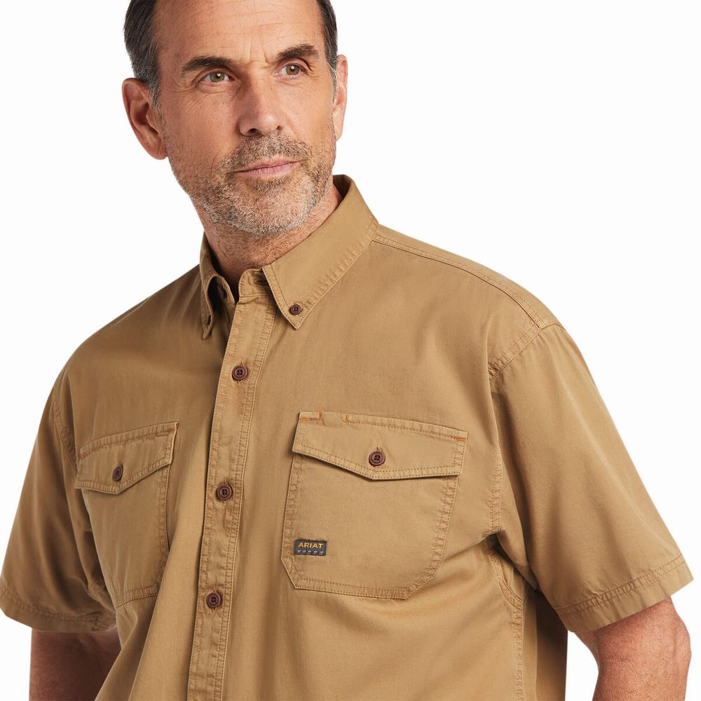 Khaki Men's Ariat Rebar Washed Twill Short Sleeve | 8167-MDSEN