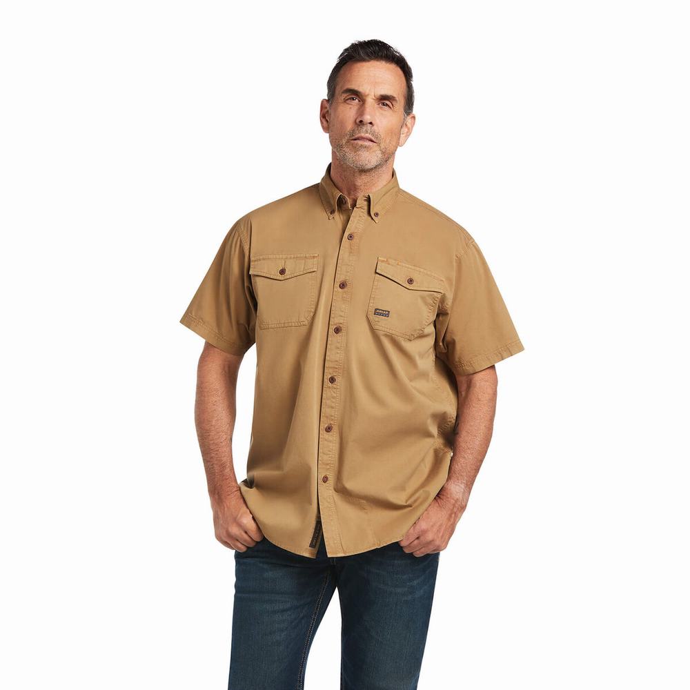 Khaki Men\'s Ariat Rebar Washed Twill Short Sleeve | 8167-MDSEN