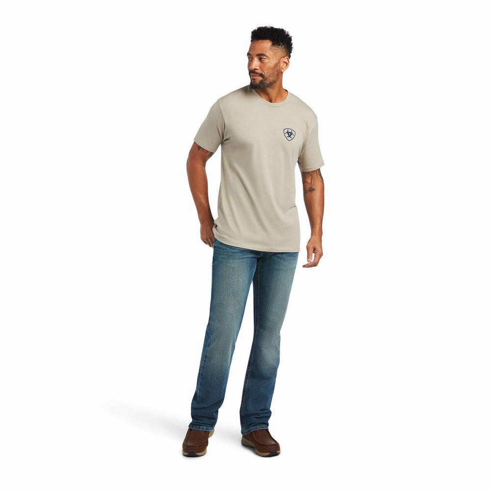 Khaki Men's Ariat Woodgrain Flag Polo Shirts | 4619-SKWYU