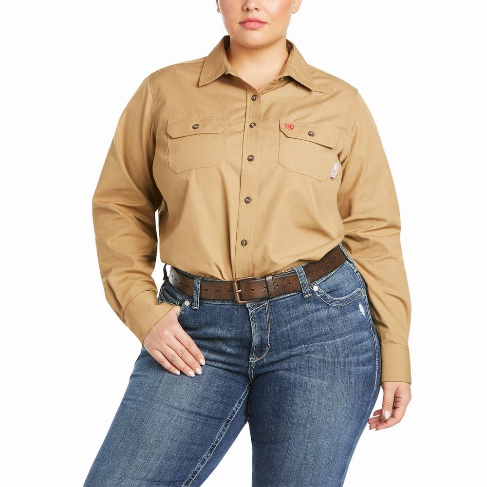 Khaki Women's Ariat FR Featherlight Shirts | 2673-CPXGU