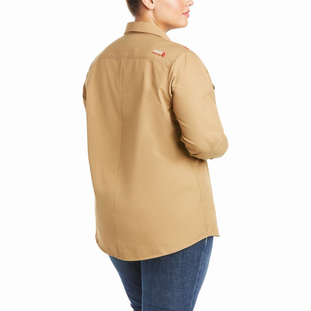 Khaki Women's Ariat FR Featherlight Shirts | 2673-CPXGU