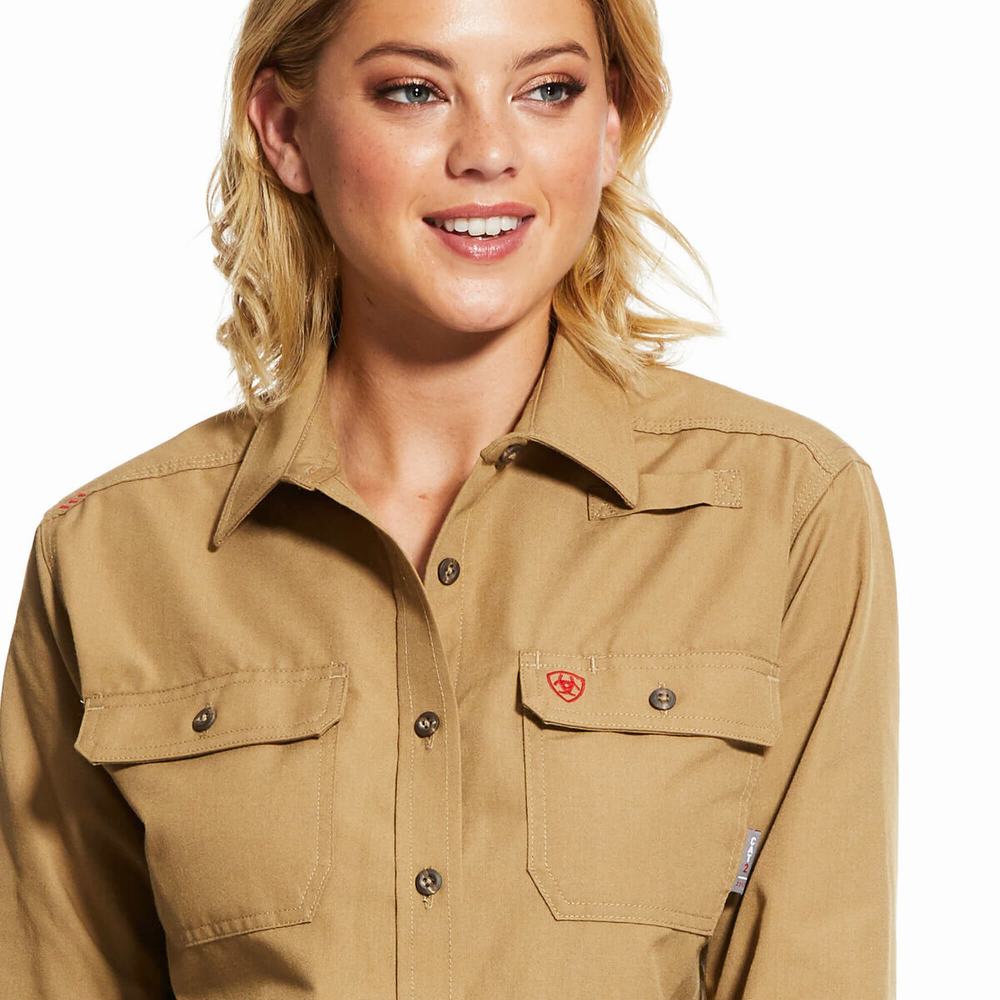 Khaki Women's Ariat FR Featherlight Shirts | 2673-CPXGU