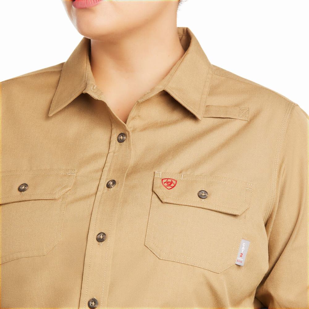 Khaki Women's Ariat FR Featherlight Shirts | 2673-CPXGU