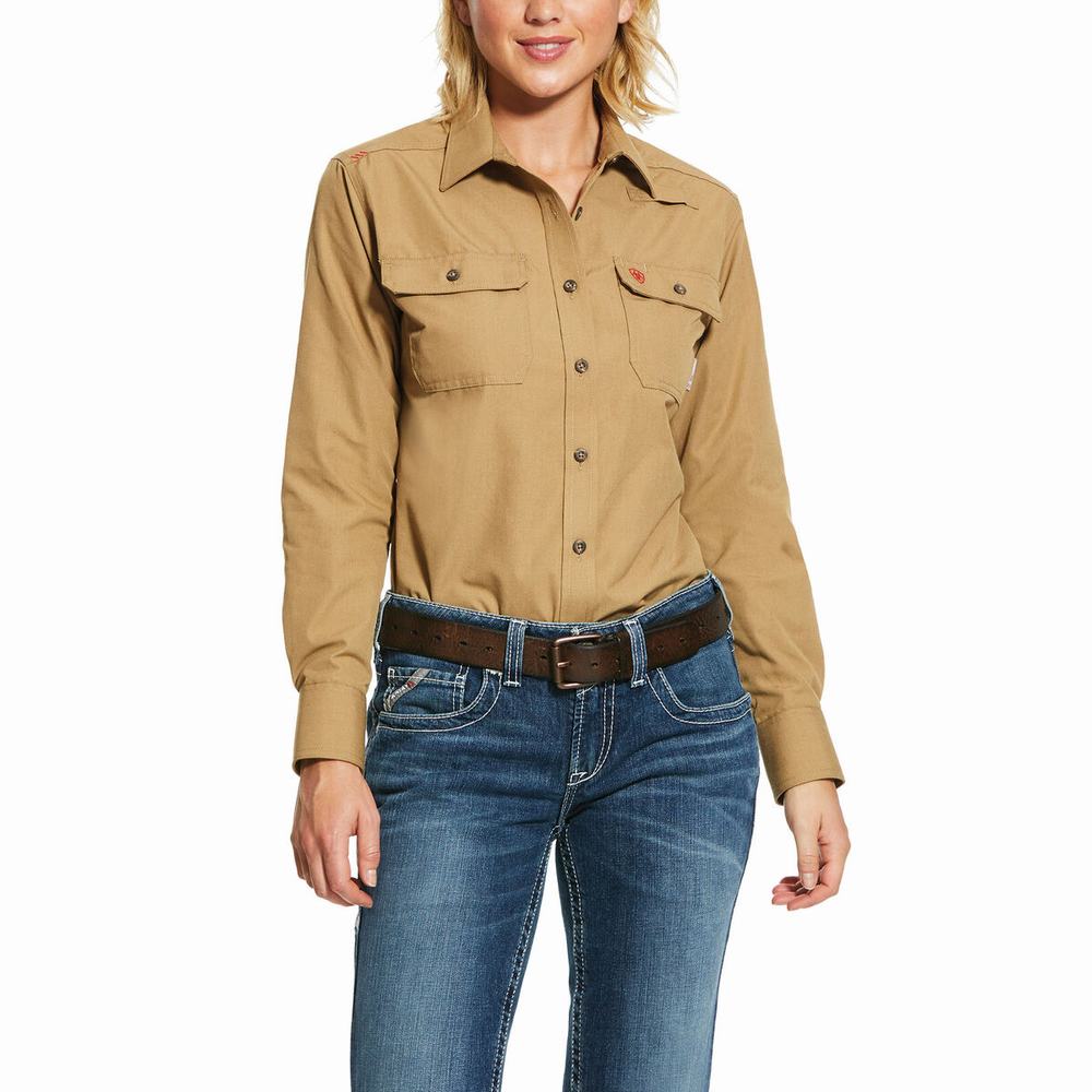 Khaki Women\'s Ariat FR Featherlight Shirts | 2673-CPXGU