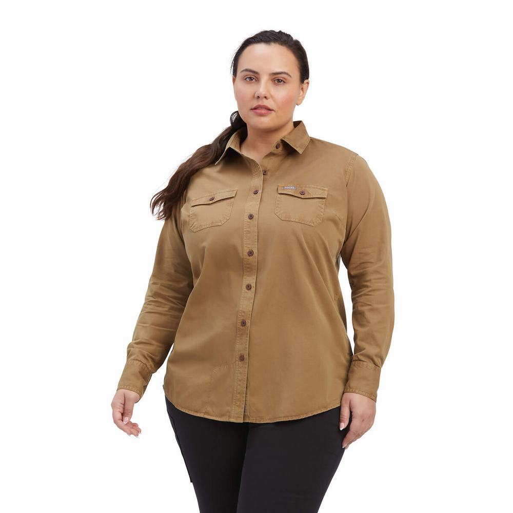 Khaki Women's Ariat Rebar Washed Twill Shirts | 4230-MUOLJ