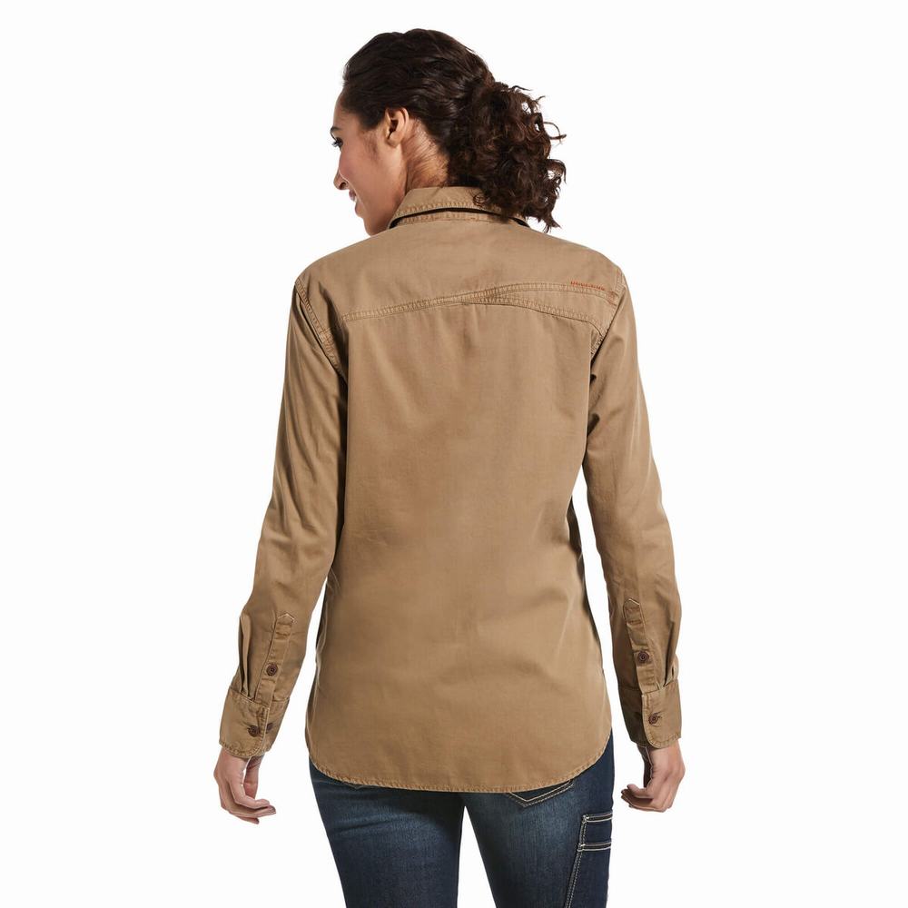 Khaki Women's Ariat Rebar Washed Twill Shirts | 4230-MUOLJ