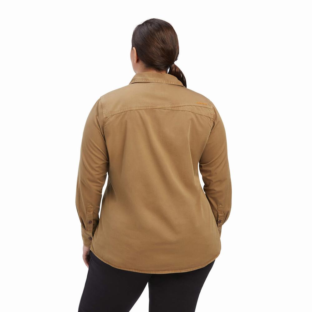 Khaki Women's Ariat Rebar Washed Twill Shirts | 4230-MUOLJ