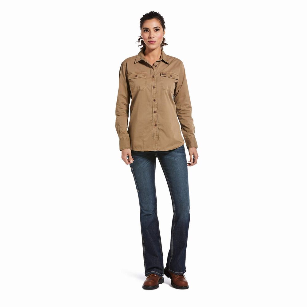 Khaki Women's Ariat Rebar Washed Twill Shirts | 4230-MUOLJ