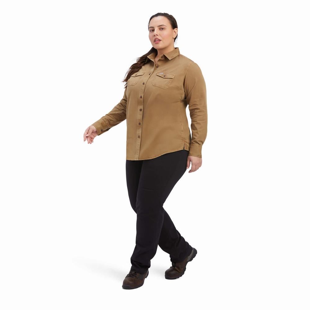 Khaki Women's Ariat Rebar Washed Twill Shirts | 4230-MUOLJ