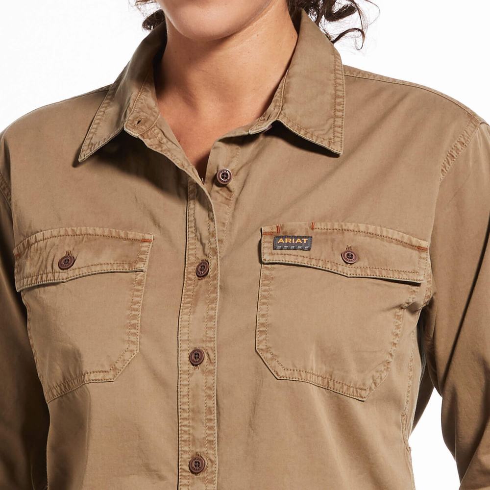 Khaki Women's Ariat Rebar Washed Twill Shirts | 4230-MUOLJ