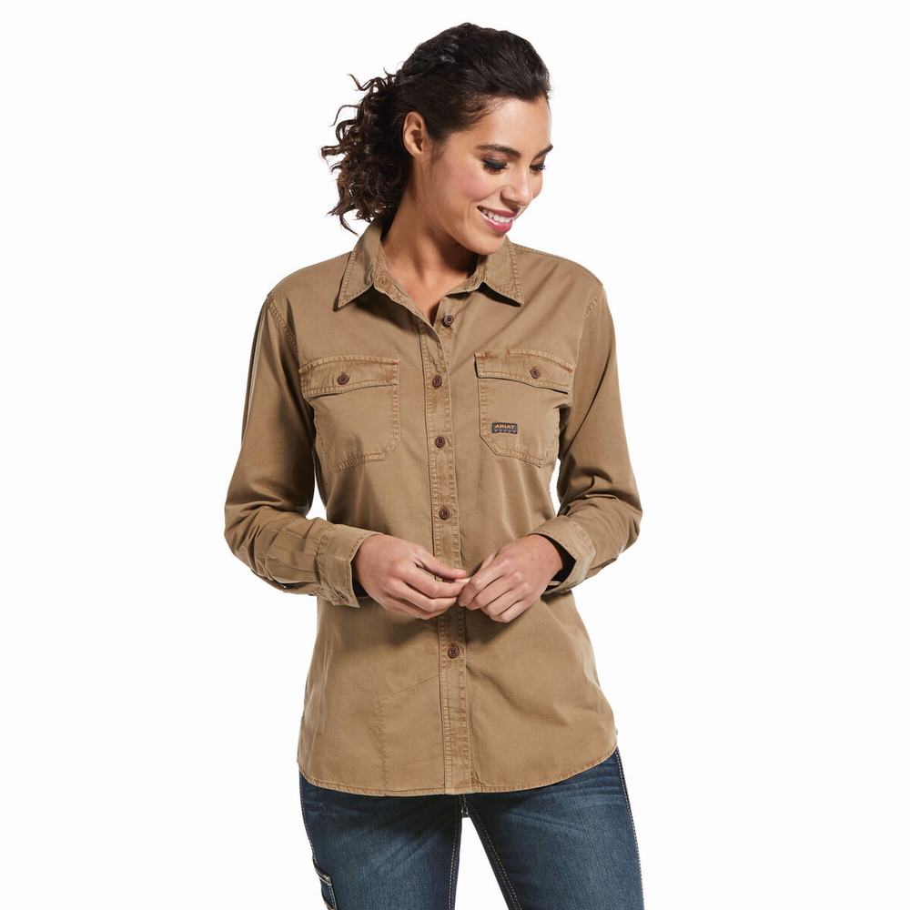 Khaki Women\'s Ariat Rebar Washed Twill Shirts | 4230-MUOLJ