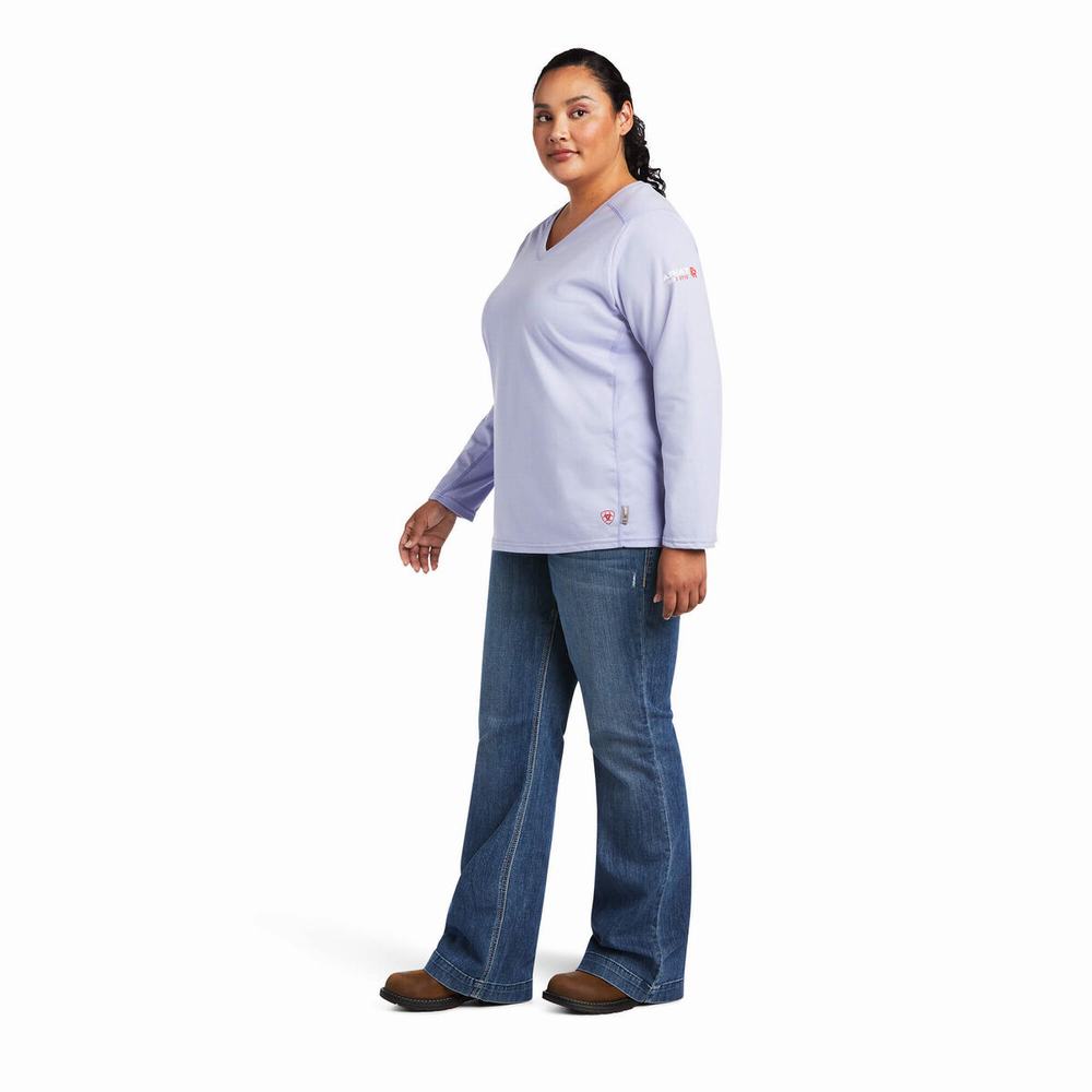 Lavender Women's Ariat FR AC Crew Shirts | 3254-JNFMT