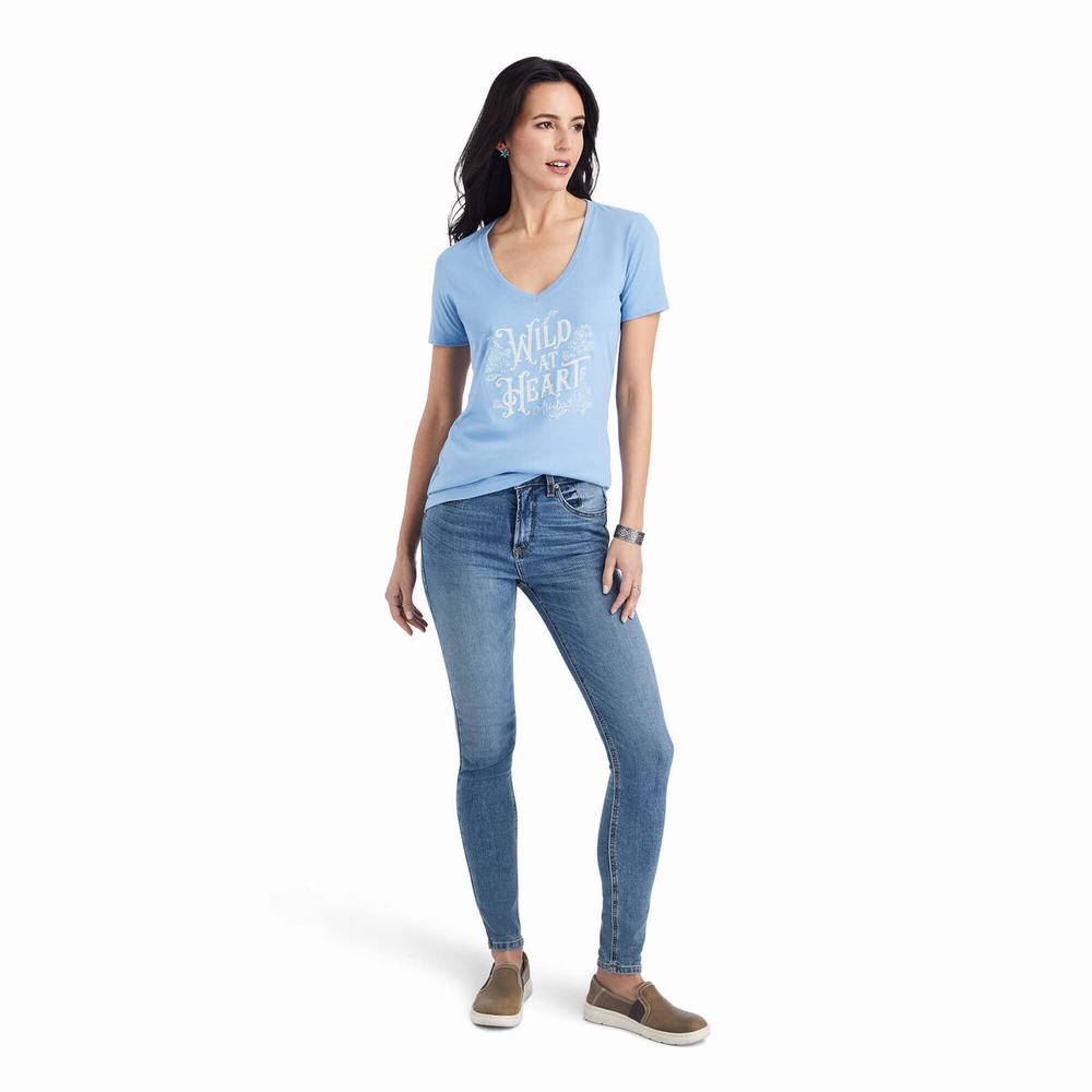 Light Blue Women's Ariat Wild Heart Tops | 0735-DZQTC