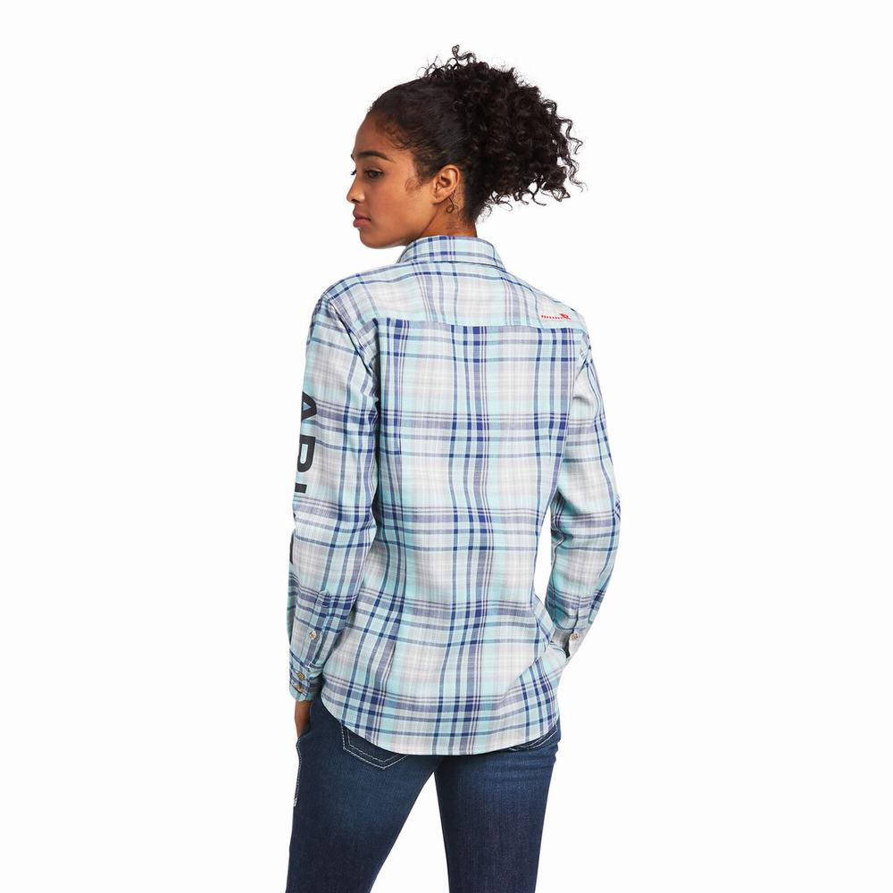 Light Turquoise Blue Women's Ariat FR Sabine Logo Shirts | 3986-JOMFX