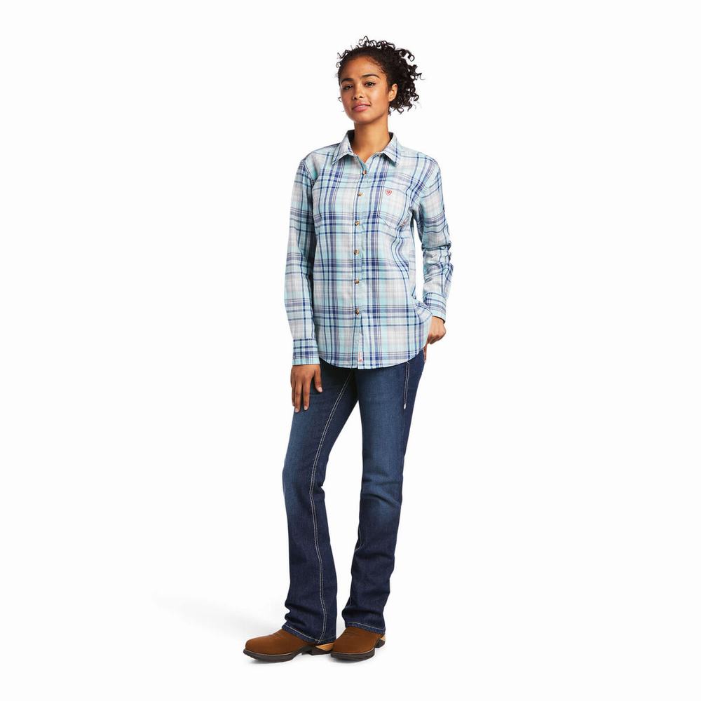 Light Turquoise Blue Women's Ariat FR Sabine Logo Shirts | 3986-JOMFX