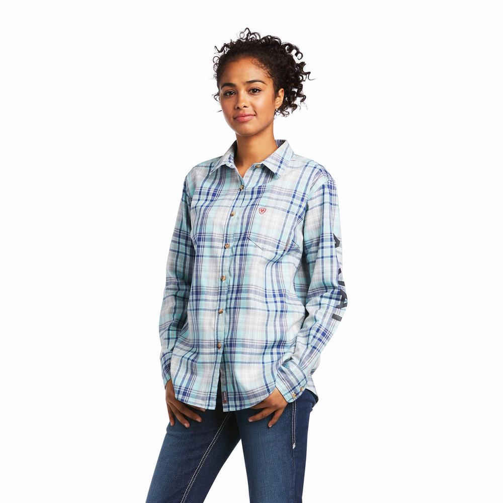 Light Turquoise Blue Women\'s Ariat FR Sabine Logo Shirts | 3986-JOMFX