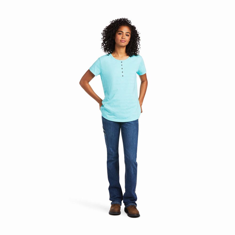 Light Turquoise Blue Women's Ariat Rebar Henley Tops | 5947-EHZPM