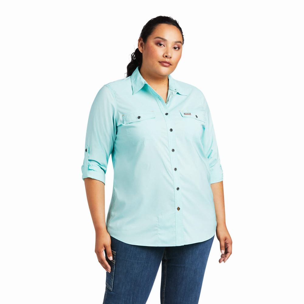 Light Turquoise Blue Women's Ariat Rebar Made Tough VentTEK DuraStretch Shirts | 8175-LYVTN