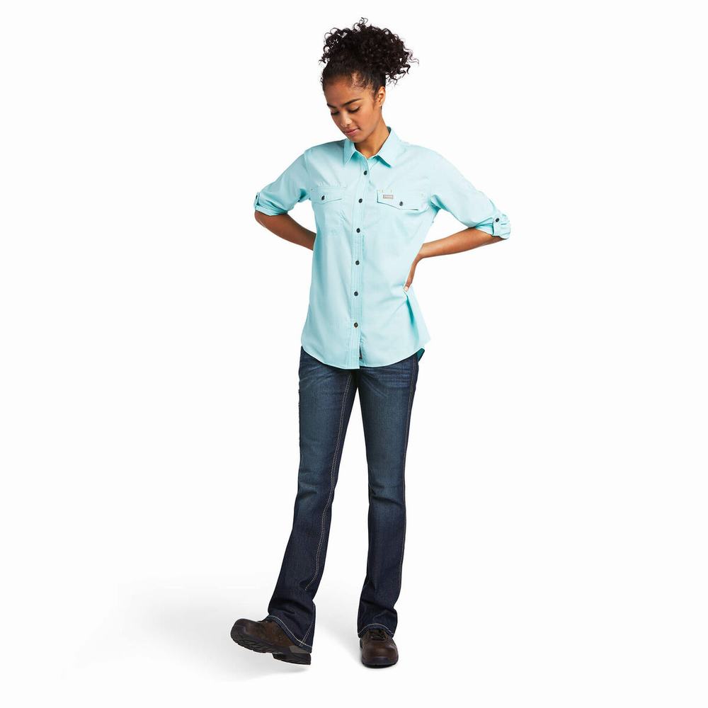 Light Turquoise Blue Women's Ariat Rebar Made Tough VentTEK DuraStretch Shirts | 8175-LYVTN