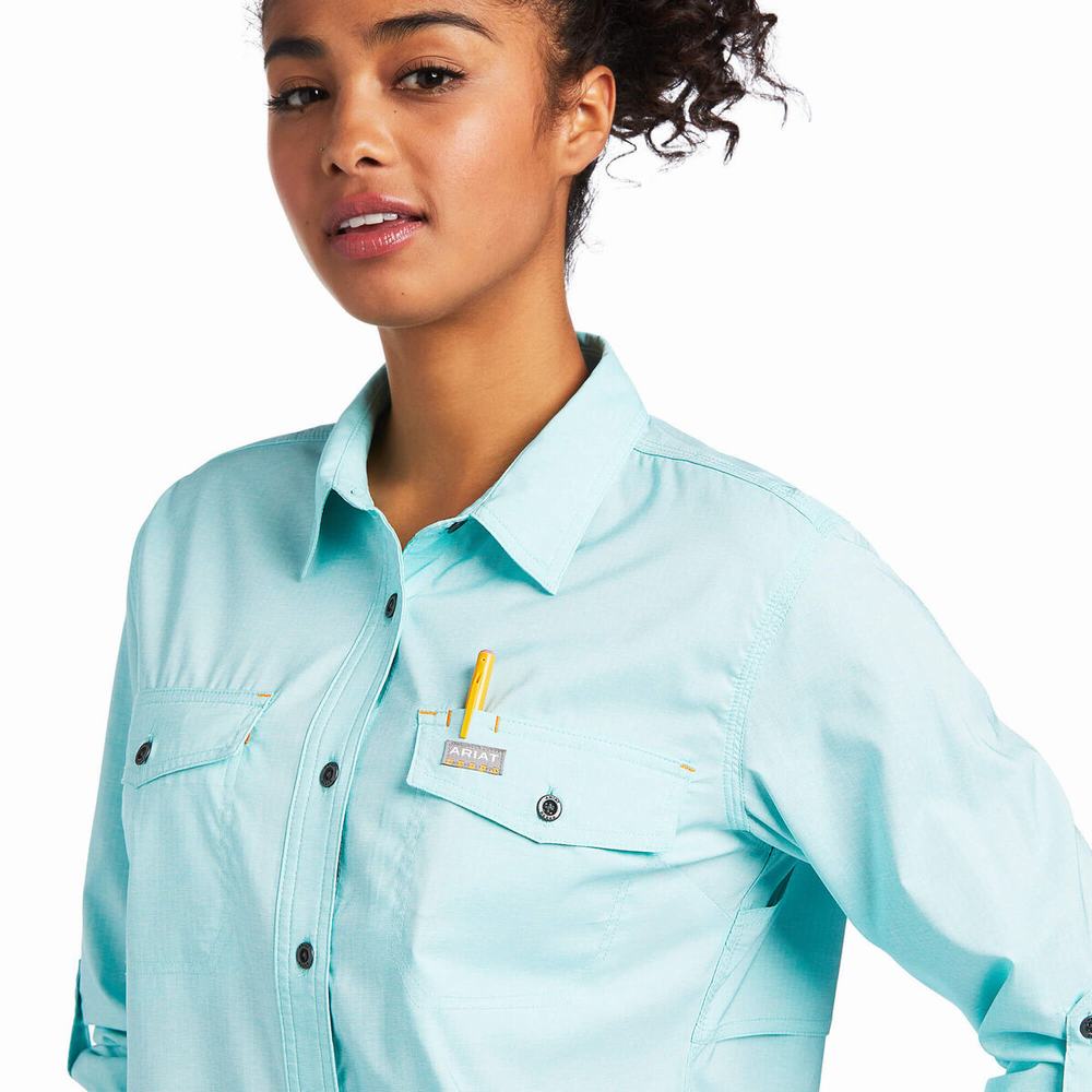 Light Turquoise Blue Women's Ariat Rebar Made Tough VentTEK DuraStretch Shirts | 8175-LYVTN