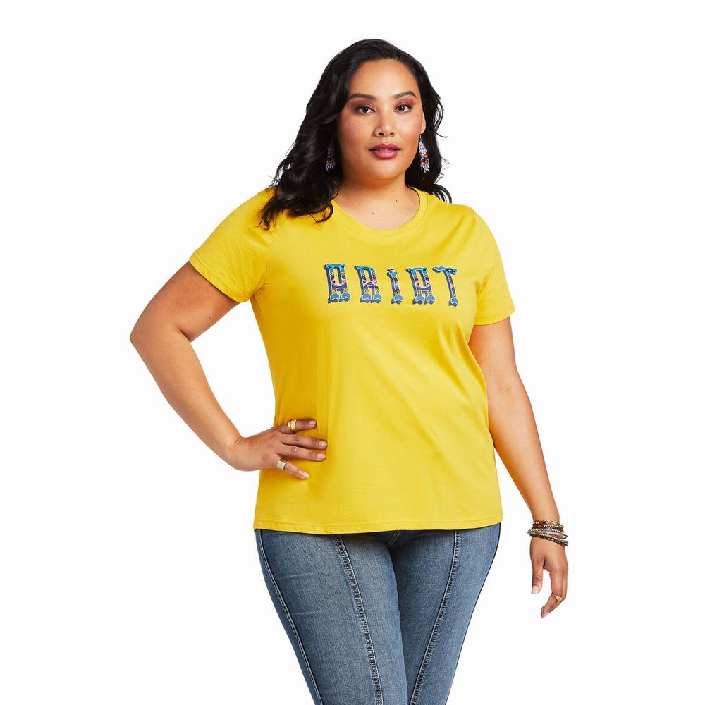 Mustard Women's Ariat REAL Kinship Tops | 9023-FEKIG