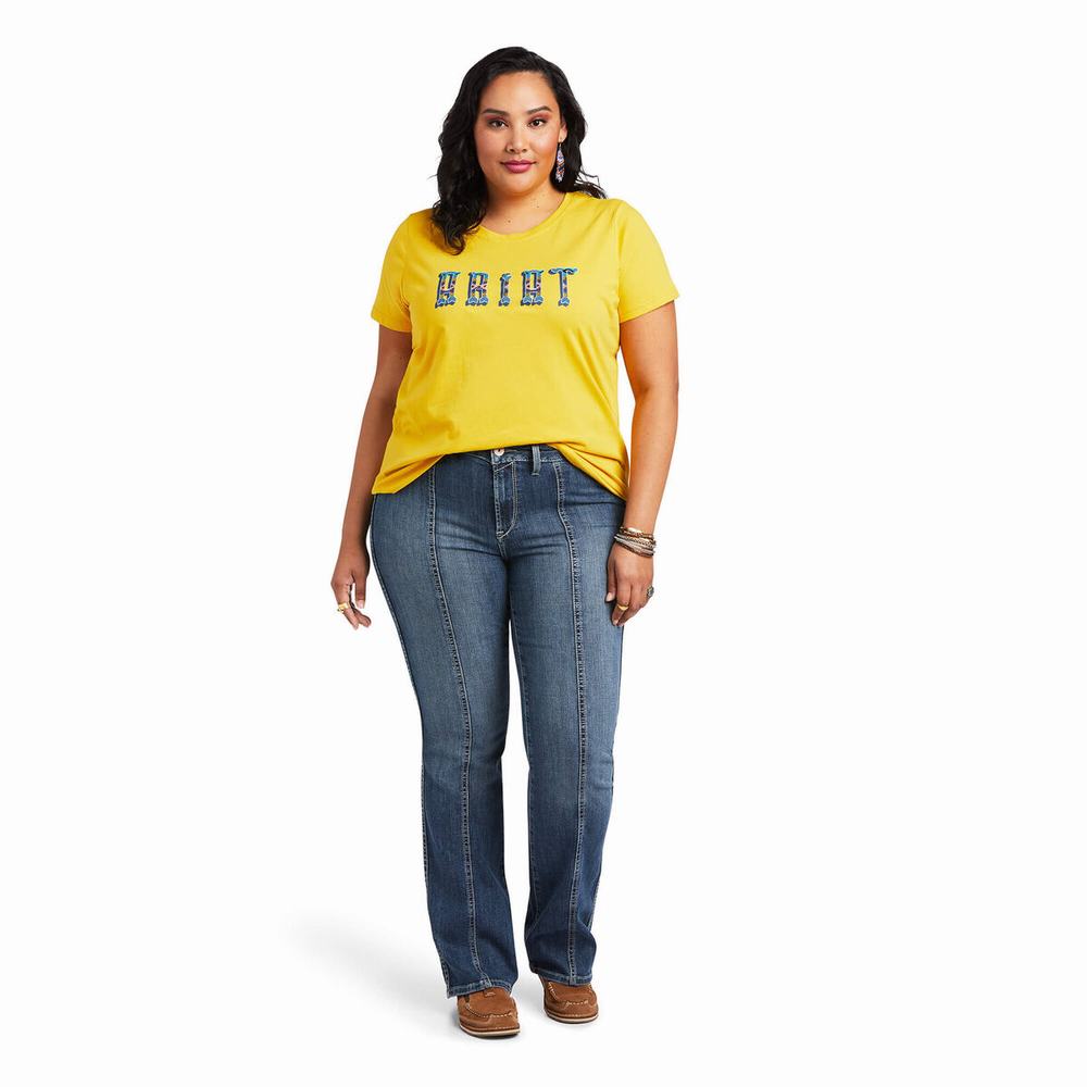 Mustard Women's Ariat REAL Kinship Tops | 9023-FEKIG