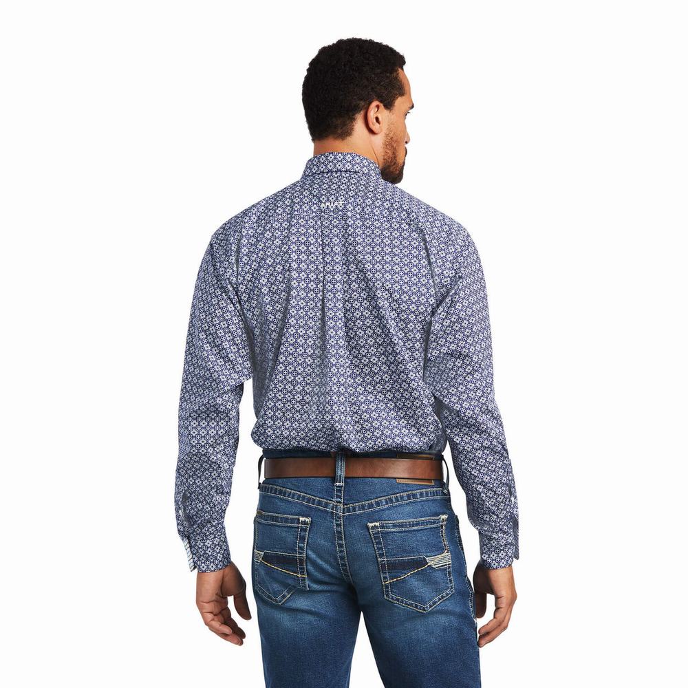 Navy Blue Men's Ariat Wrinkle Free Ernest Classic Fit Shirts | 5721-YTMAP