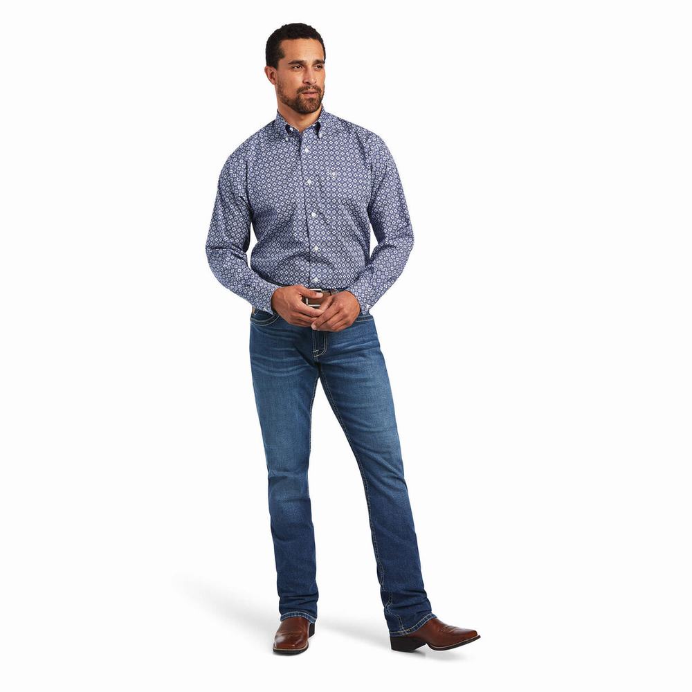 Navy Blue Men's Ariat Wrinkle Free Ernest Classic Fit Shirts | 5721-YTMAP