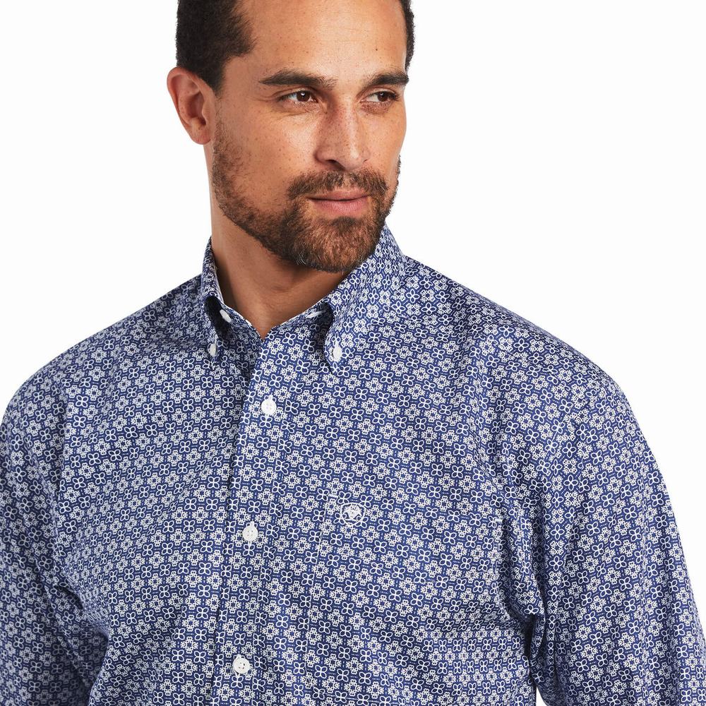 Navy Blue Men's Ariat Wrinkle Free Ernest Classic Fit Shirts | 5721-YTMAP