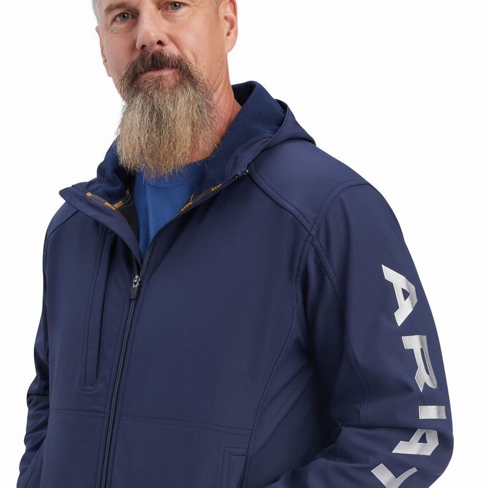 Navy Grey Men's Ariat Rebar Stretch Canvas Softshell Logo Jackets | 3614-NDQGK