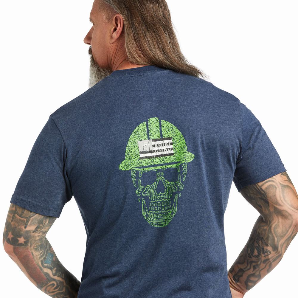 Navy Light Green Men's Ariat Rebar Cotton Strong Roughneck Graphic Short Sleeve | 2491-SPAEX