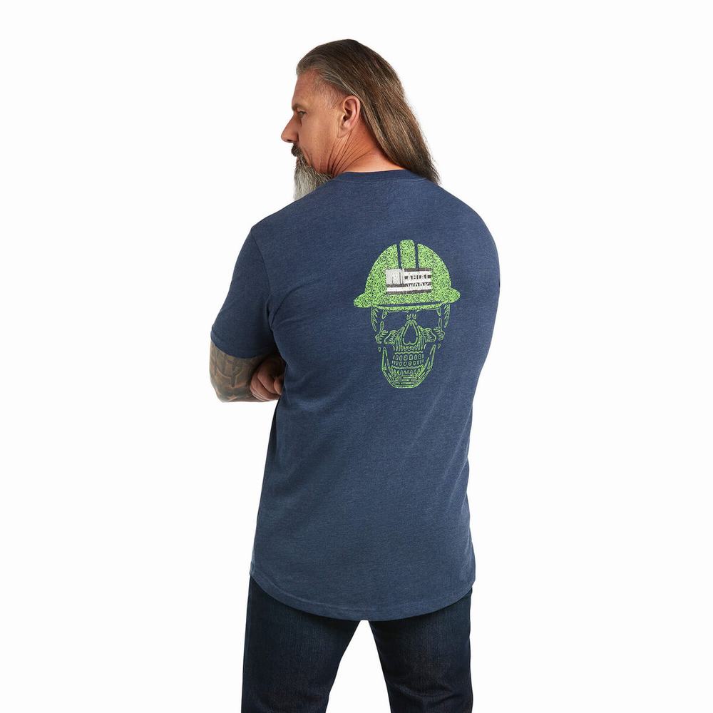 Navy Light Green Men\'s Ariat Rebar Cotton Strong Roughneck Graphic Short Sleeve | 2491-SPAEX