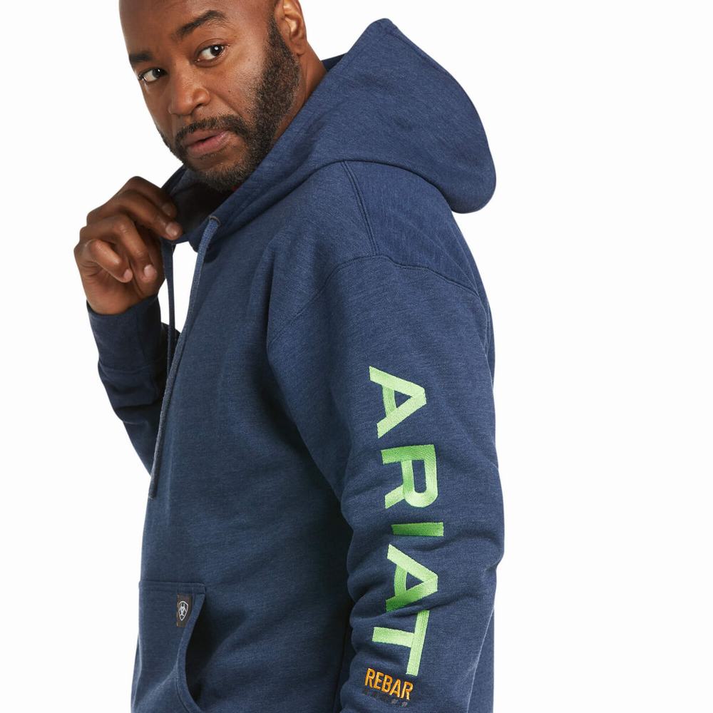 Navy Light Green Men's Ariat Rebar Graphic Hoodies | 8952-LMYSO