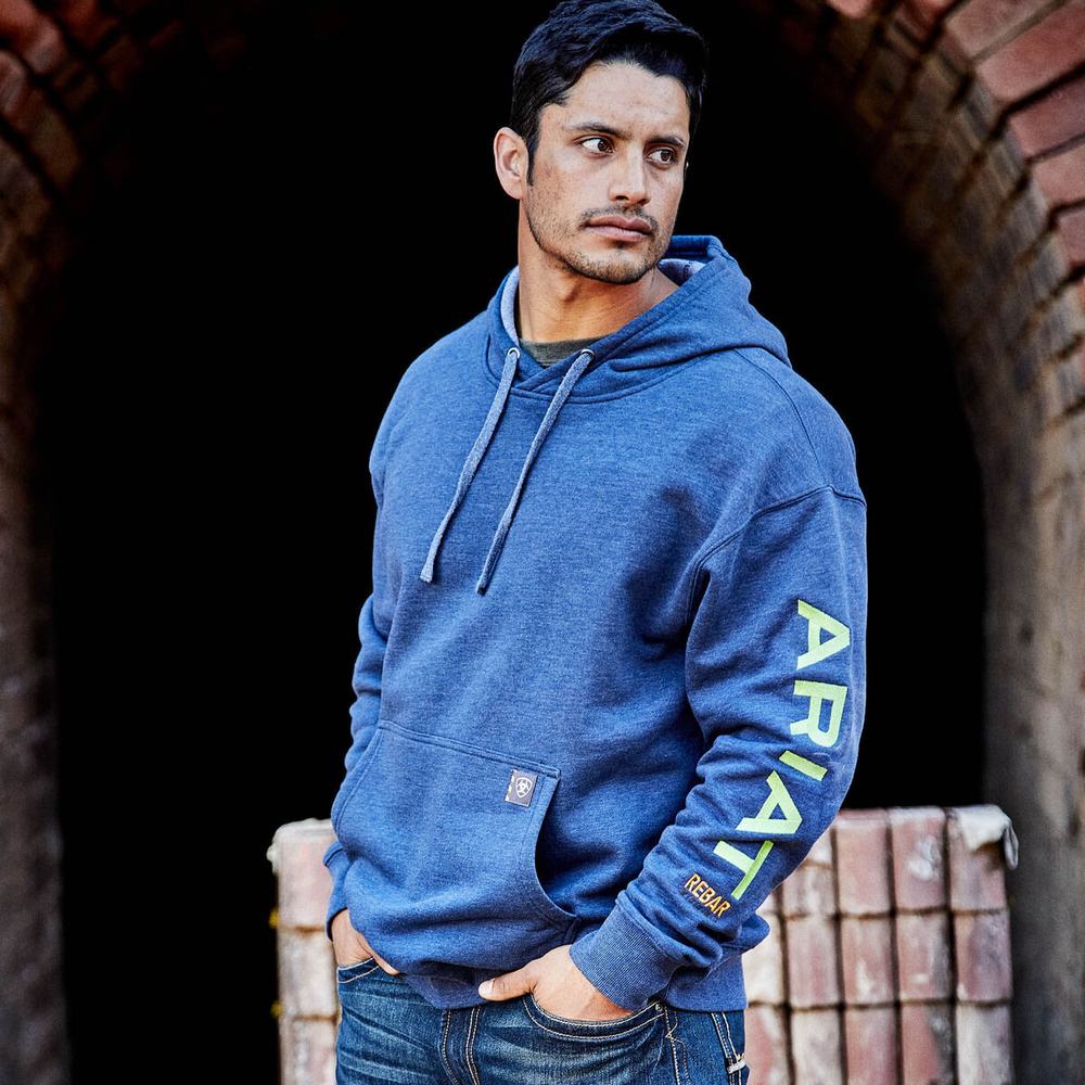 Navy Light Green Men's Ariat Rebar Graphic Hoodies | 8952-LMYSO