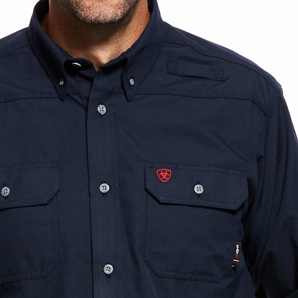 Navy Men's Ariat FR Featherlight Shirts | 1263-KDOCM