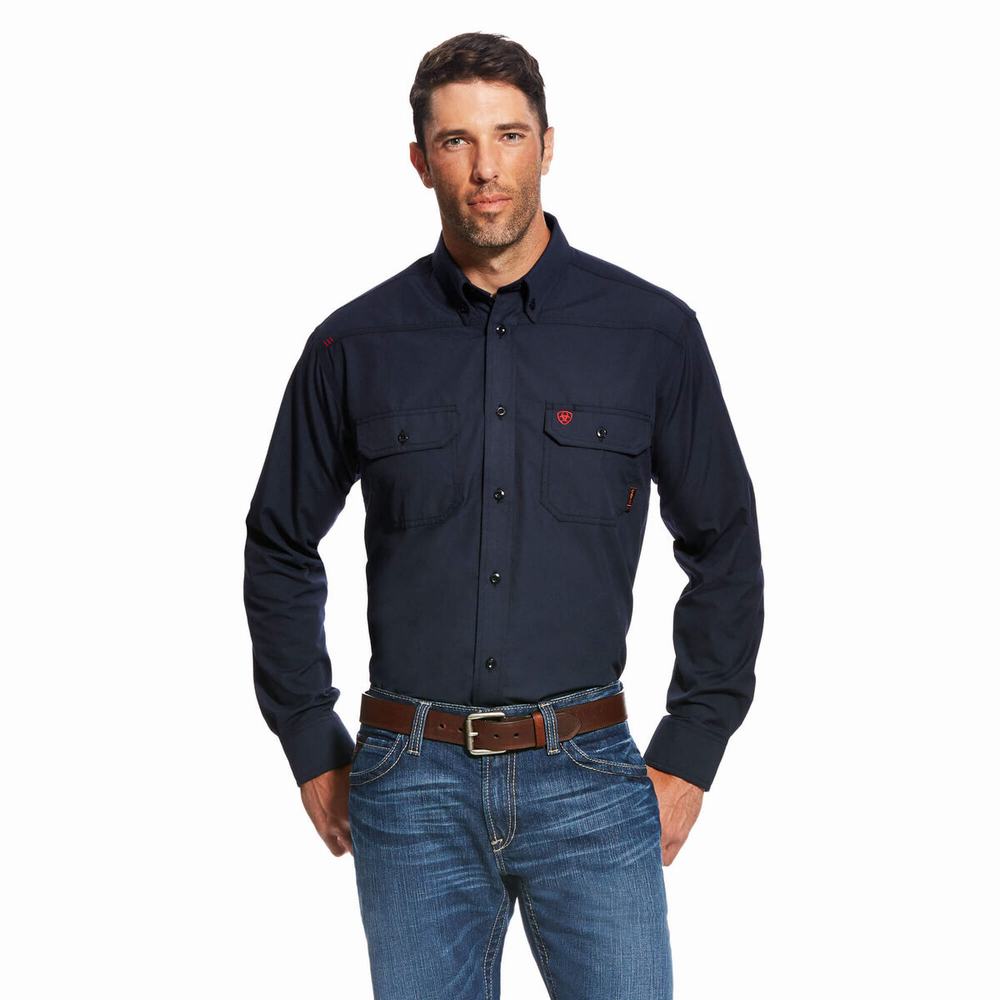 Navy Men\'s Ariat FR Featherlight Shirts | 1263-KDOCM