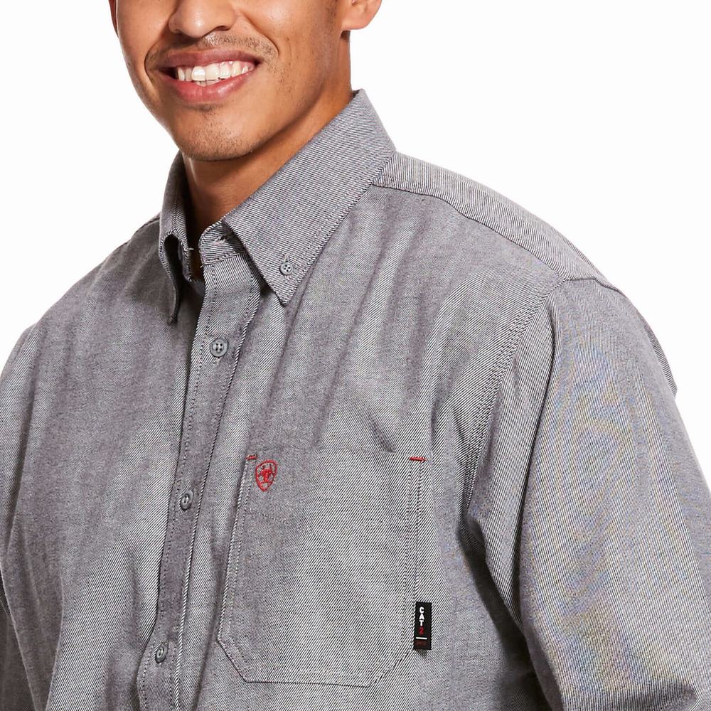 Navy Men's Ariat FR Solid Twill DuraStretch Shirts | 7486-WBFJQ