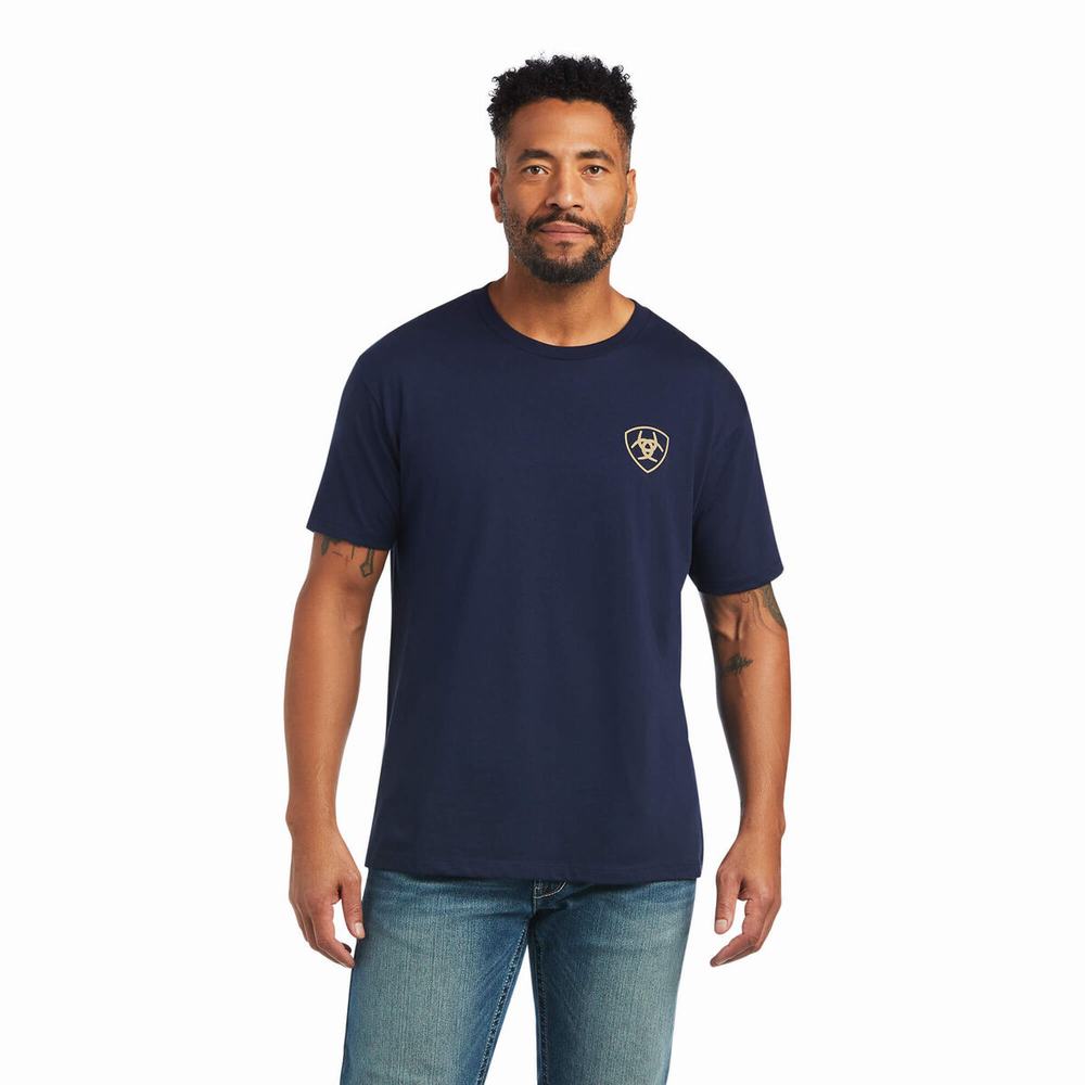 Navy Men's Ariat Monument Sunset Polo Shirts | 3498-EAKCB