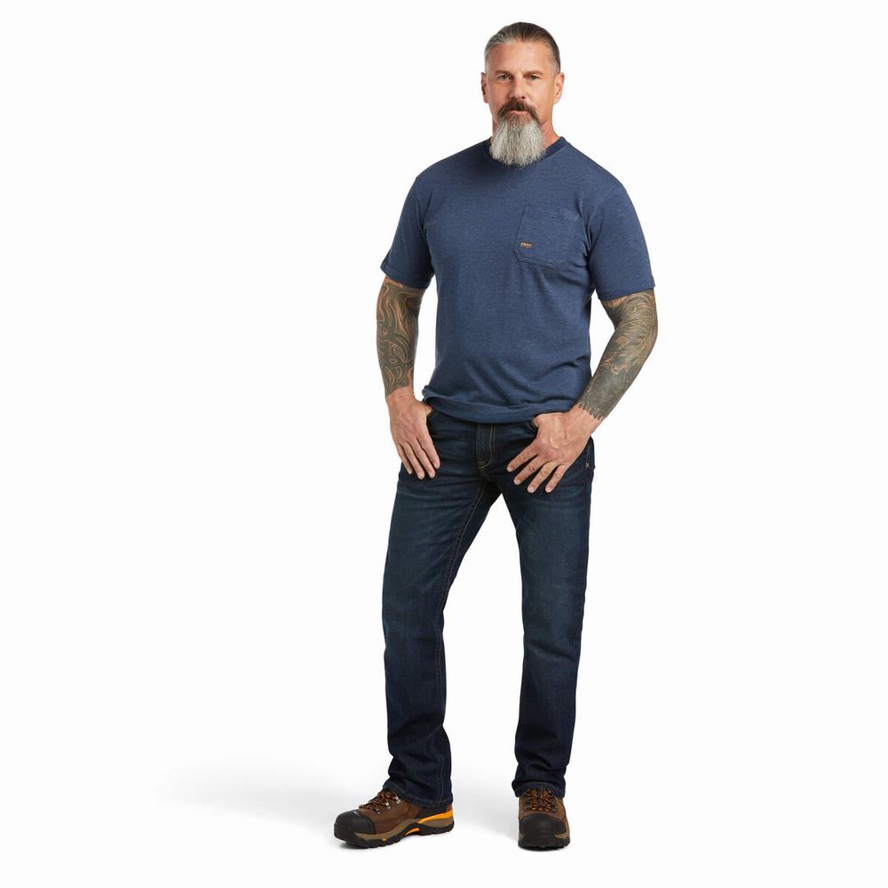 Navy Men's Ariat Rebar Cotton Strong American Outdoors Tops | 3472-ZUAES