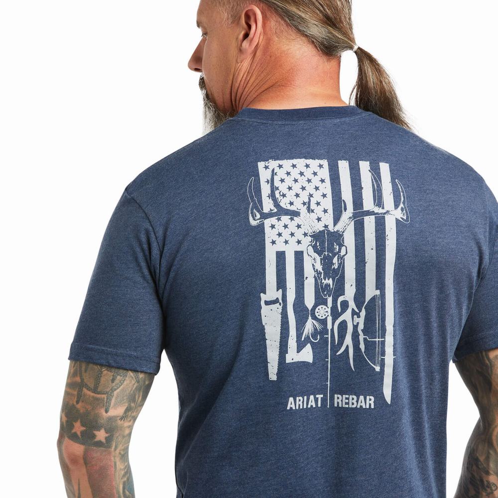 Navy Men's Ariat Rebar Cotton Strong American Outdoors Tops | 3472-ZUAES